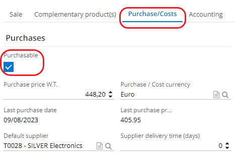 1.2. On a product file, check Purchasable box in a Purchase/Costs tab in order to mark the product as purchasable.